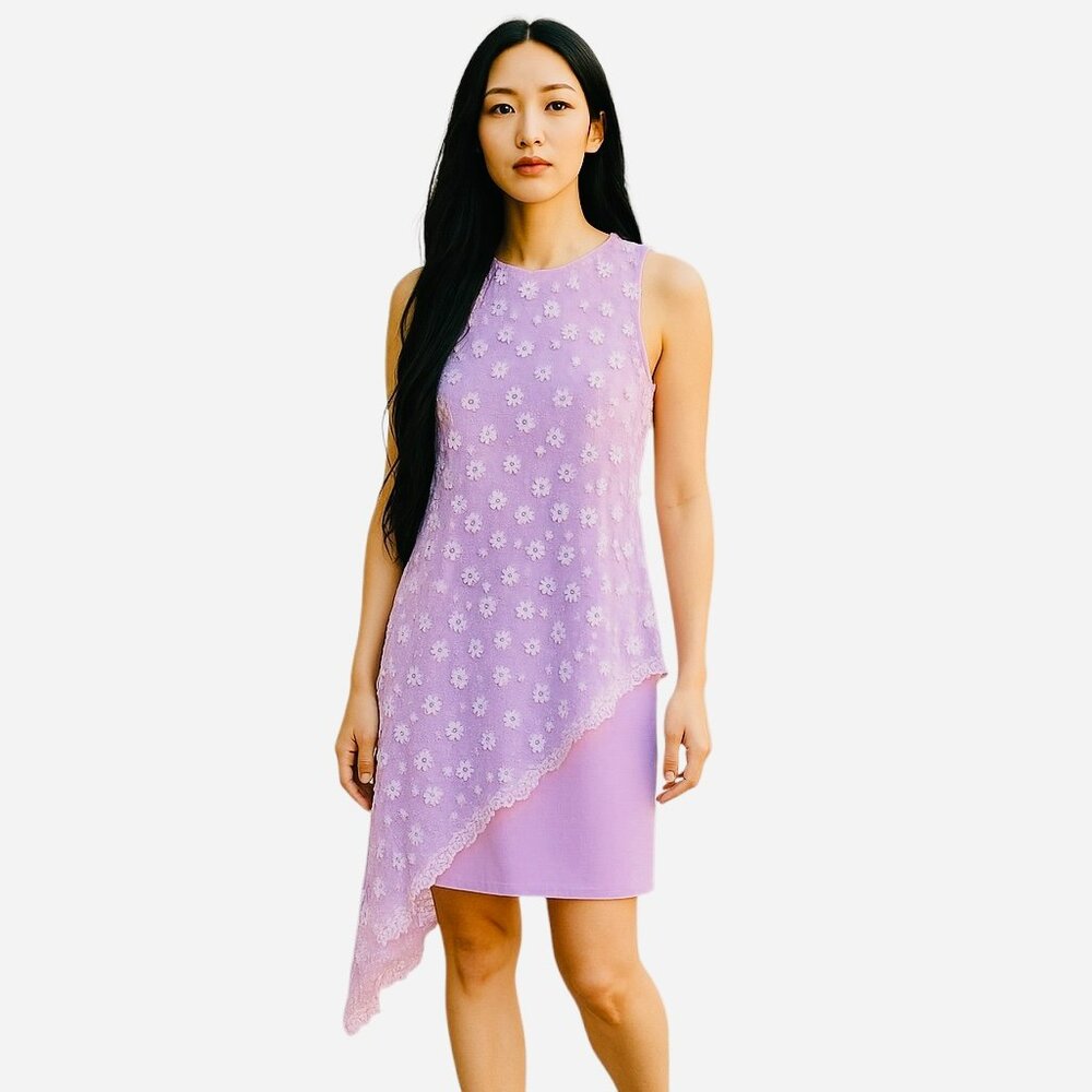 Alex Marie Lavender Asymmetrical Lace Overlay Dress - Size 6